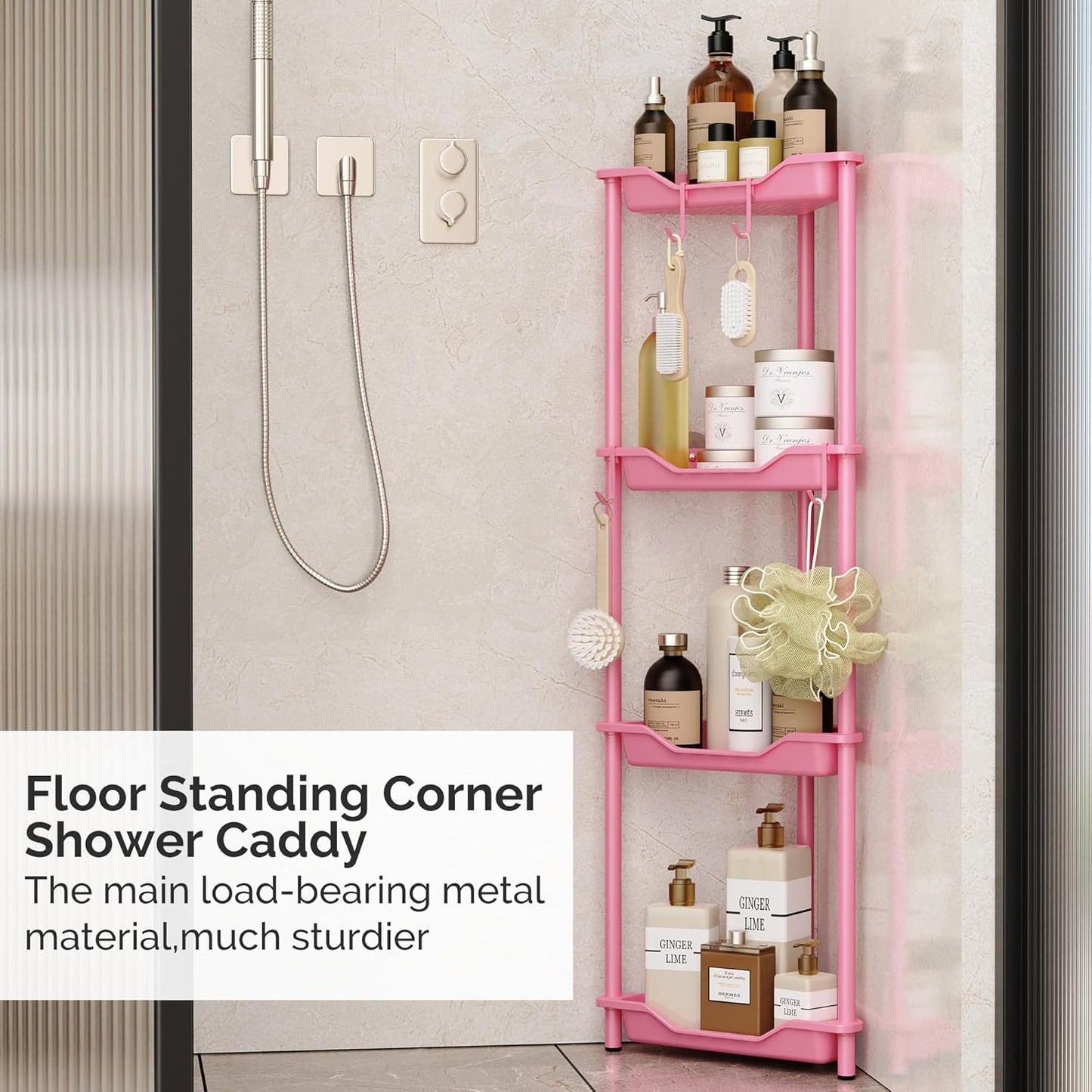 Orimade Rustproof 4 Tier Floor Standing Corner Shower Caddy Organizer, Plastic Metal Shelf Rack for Bathroom