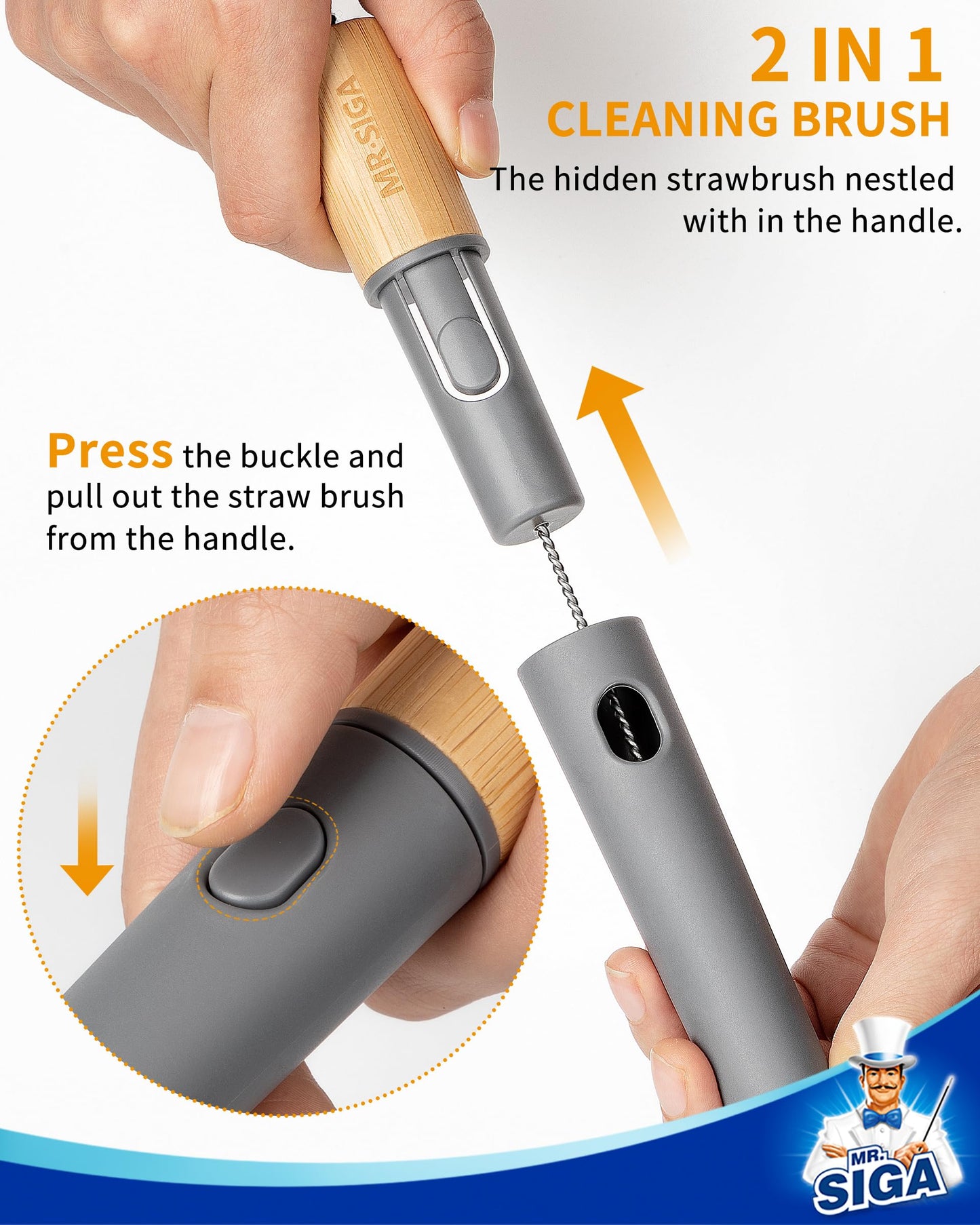 MR.SIGA Water Bottle Brush and Straw Cleaner Brush, Long Handle Bottle Cleaner Brush, 2 in 1 Bottle Cleaning Brush for Sports Bottles, Baby Bottles, Mugs, Straws, Gray
