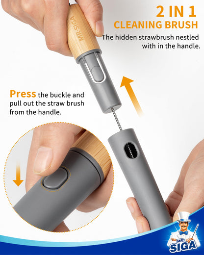 MR.SIGA Water Bottle Brush and Straw Cleaner Brush, Long Handle Bottle Cleaner Brush, 2 in 1 Bottle Cleaning Brush for Sports Bottles, Baby Bottles, Mugs, Straws, Gray