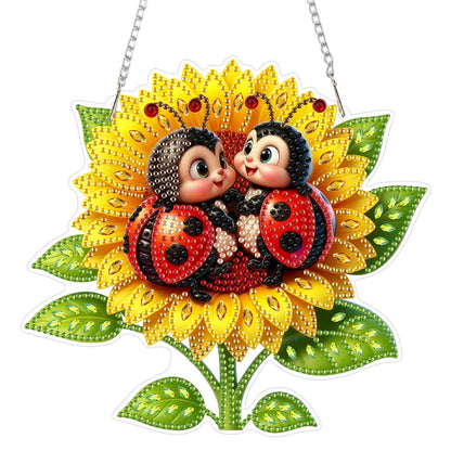 CEOVR Ladybug Hanging Diamond Art for Adults, Ladybug Sunflower Diamond Painting Pendant DIY Gem Art Wall Hanging Ornament, Acrylic Home Garden Decor with Chain, Box Kit 7.75×7.2inch