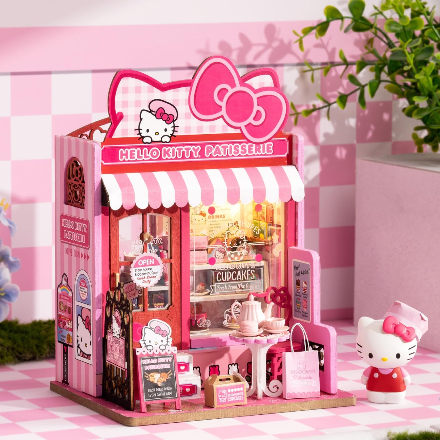 Hands Craft Hello Kitty Patisserie Miniature House Kit with Hello Kitty Figurine – Kawaii 3D Puzzle with Switch Activated LED Lights – DIY Wooden Craft Kit for Bedroom or Bookshelf Decor & Gifts