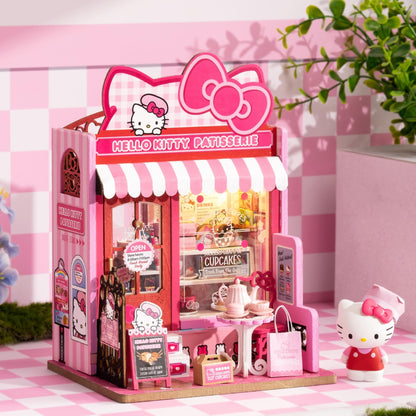 Hands Craft Hello Kitty Patisserie Miniature House Kit with Hello Kitty Figurine – Kawaii 3D Puzzle with Switch Activated LED Lights – DIY Wooden Craft Kit for Bedroom or Bookshelf Decor & Gifts