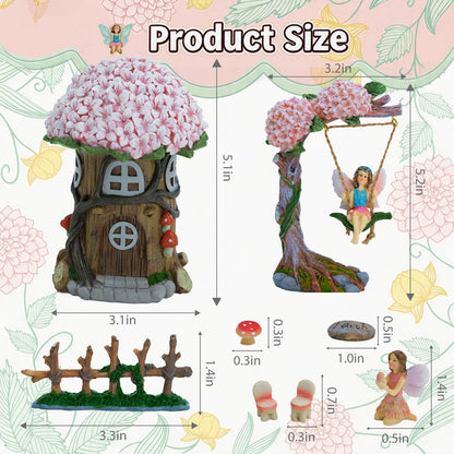 Landoraloria Miniature 8 Pcs Mini Garden Furniture, Fairy Garden Accessories Kit, Resin Figurines with Swing Set, Whimsical Theme, for Outdoor Patio, Yard, Lawn, or Desk