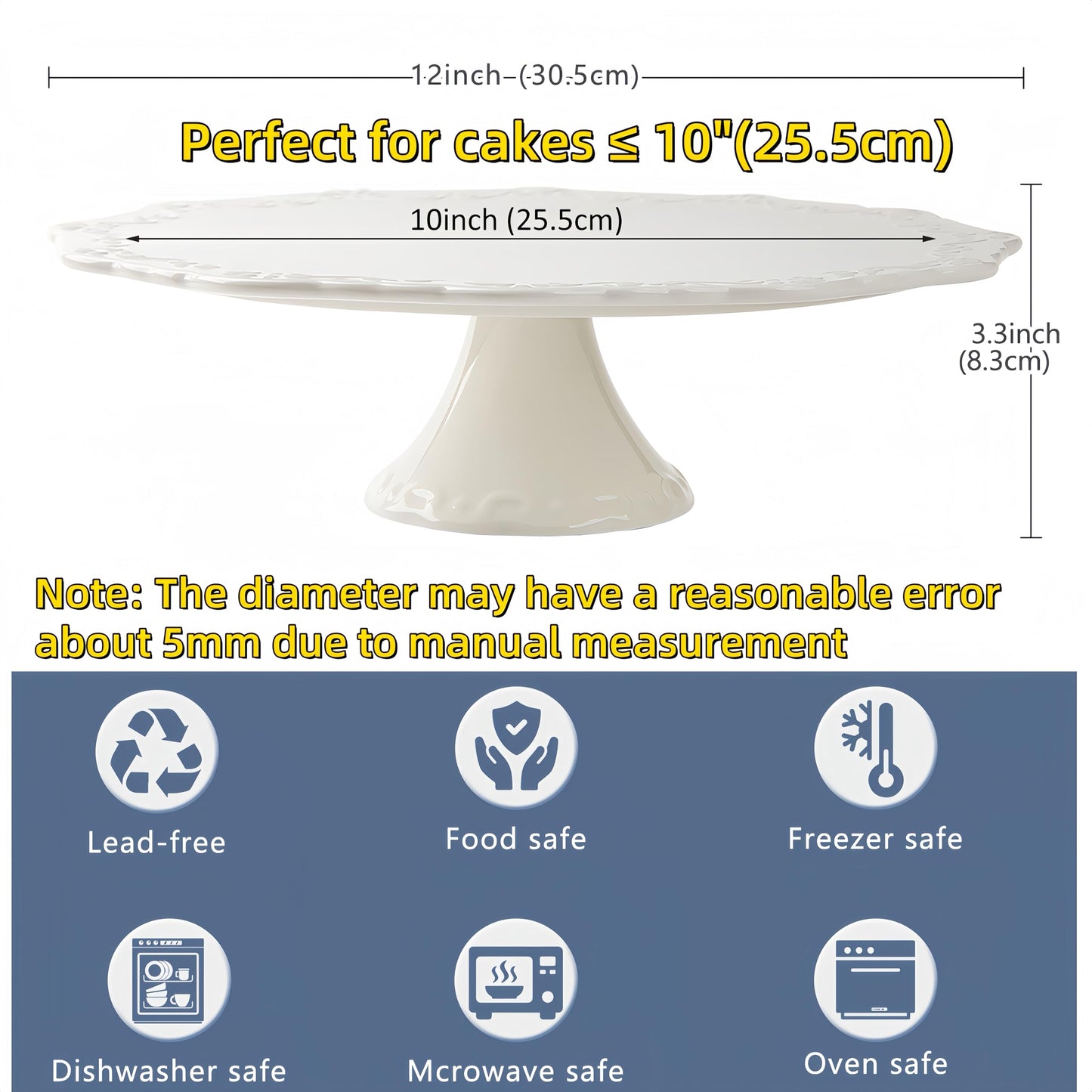 BPFY 10 Inch White Ceramic Cake Stand (Holds 10 Inch Cake), Decorative Cupcake Stand, Dessert Display Plates for Snacks and Cookies, Baby Shower, Birthday, Wedding Party Decor