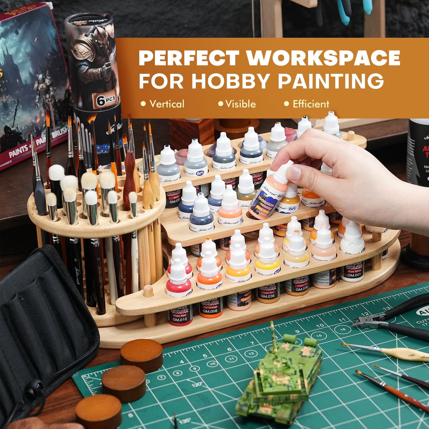 golden maple Bamboo Paint Organizer and Paint Brush Holder 2-in-1, 3-Tier Desktop Storage Rack with 42 Paint Bottle Holes & 39 Paint Brush Slots for Miniature Model Painting & Art Crafts