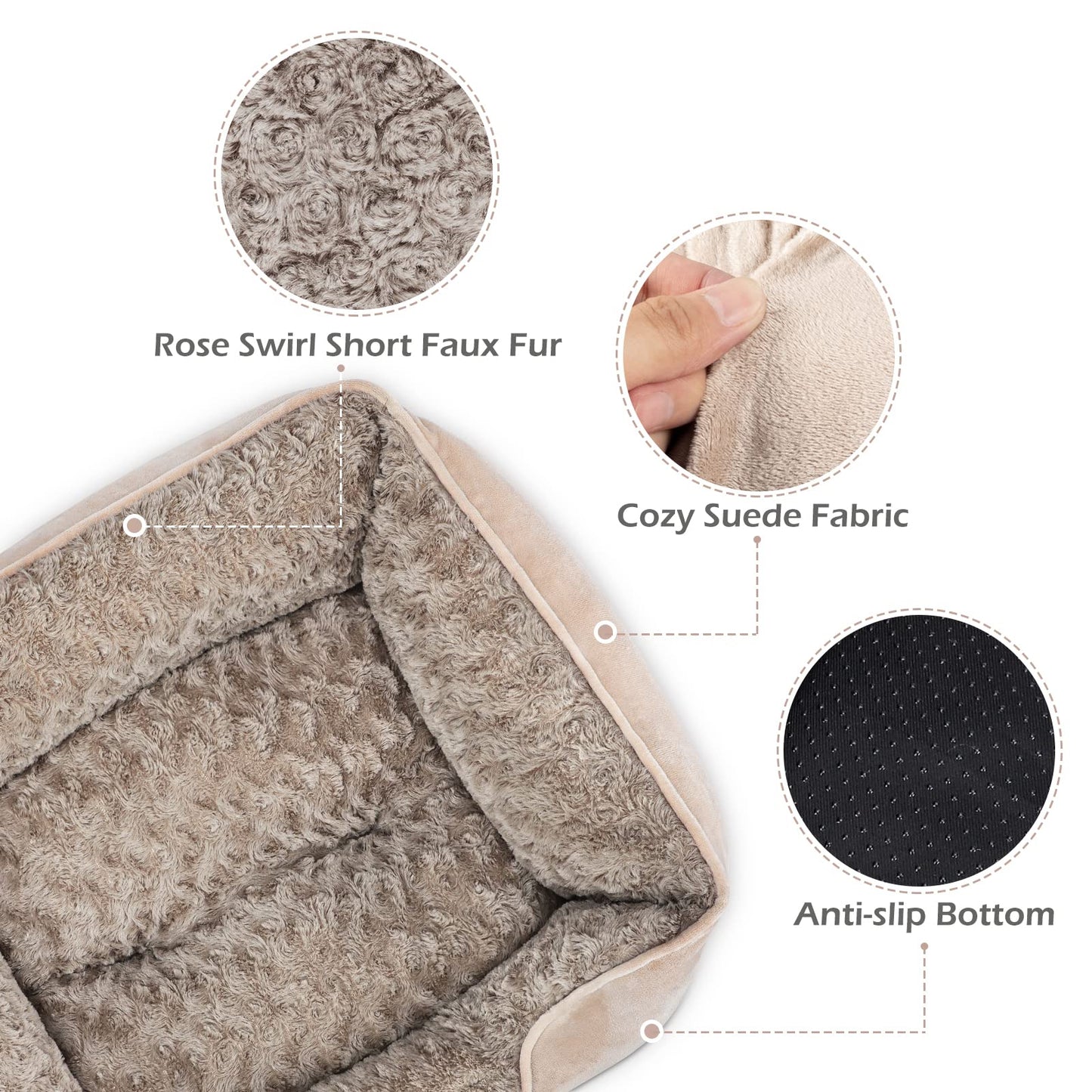 INVENHO Small Dog Bed, Rectangle Washable, Orthopedic, Soft Calming, Durable Pet Cuddler with Anti-Slip Bottom, S(20"x19"x6")