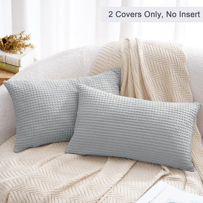 PHF 100% Cotton Waffle Weave Lumbar Pillow Cover, 12" x 20", 2 Pack, Light Grey