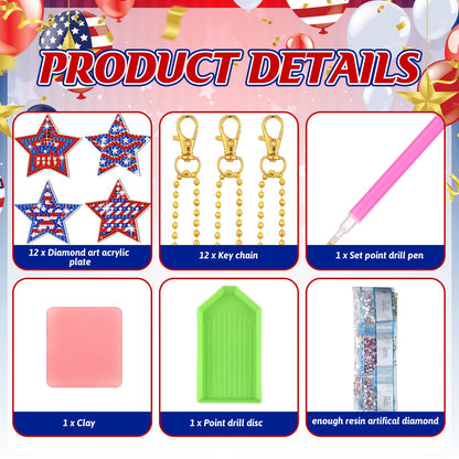 WILLBOND 30 Pcs 4th of July Diamond Art Keychain Kits for Adults Patriotic Diamond Painting Key Ring Double Sided American Flag Red White Blue Star Hanging Ornaments for Independence Day DIY Decor