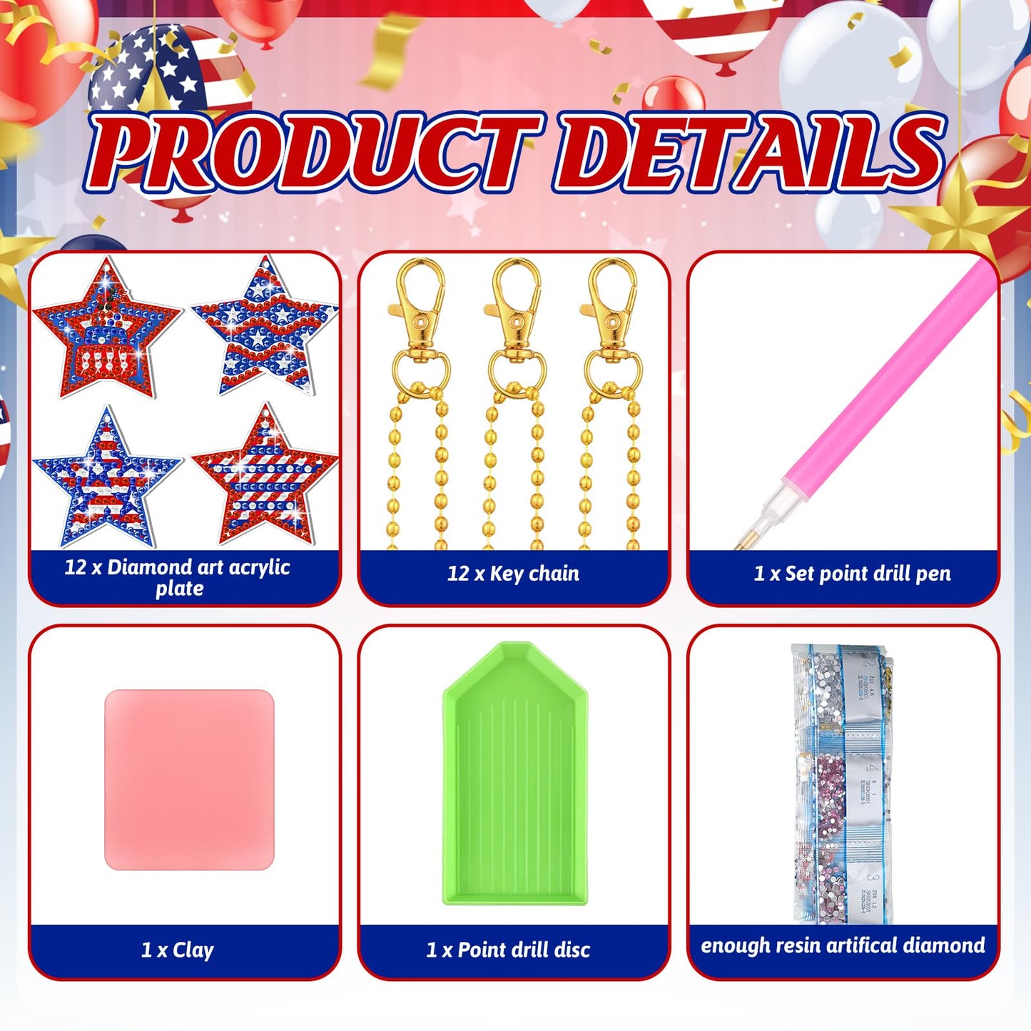WILLBOND 30 Pcs 4th of July Diamond Art Keychain Kits for Adults Patriotic Diamond Painting Key Ring Double Sided American Flag Red White Blue Star Hanging Ornaments for Independence Day DIY Decor