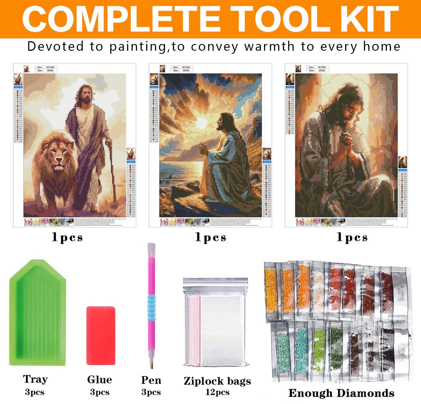 3 Pack Diamond Art Kits for Adults, Jesus Diamond Painting Kits for Adults, 5D DIY Round Drill Gem Art Paint with Diamonds Dots Crafts Kits for Home Decor Gift 12x16inch (Religion Christ)