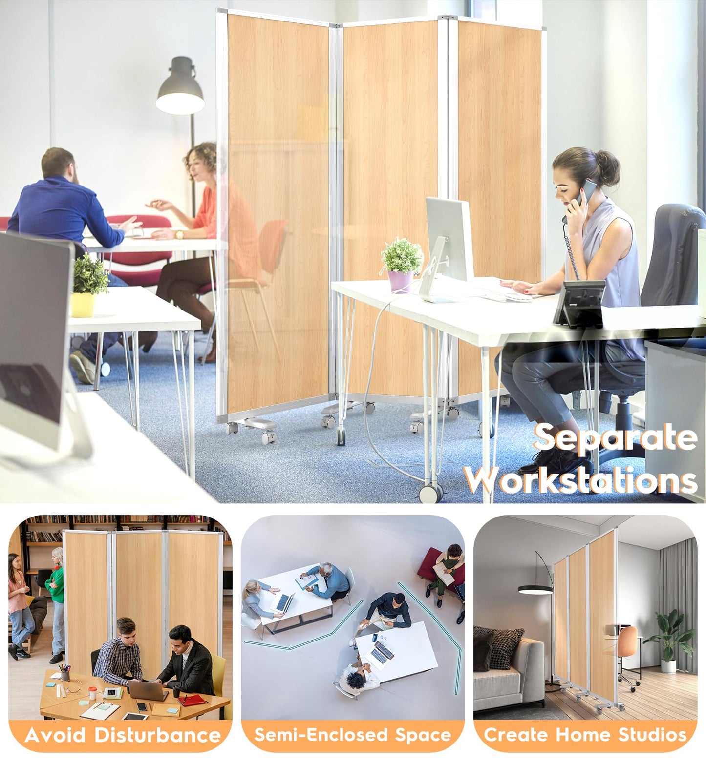 SWANCROWN Folding Office Partition 3-Panel Room Divider 71x71 in, Sliding Privacy Screen Portable Temporary Wall for Cubicle, Studio & Home Office, Wood Grain