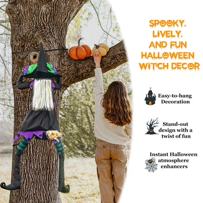 KwenPart 57" Large Flying Crashing Witch Into Tree Halloween Decoration - Funny Head-Clutching Outdoor Hanging Witch with 3D Effect Broom for Yard, Porch, Tree, Fence, Door - Weather-Resistant Decor