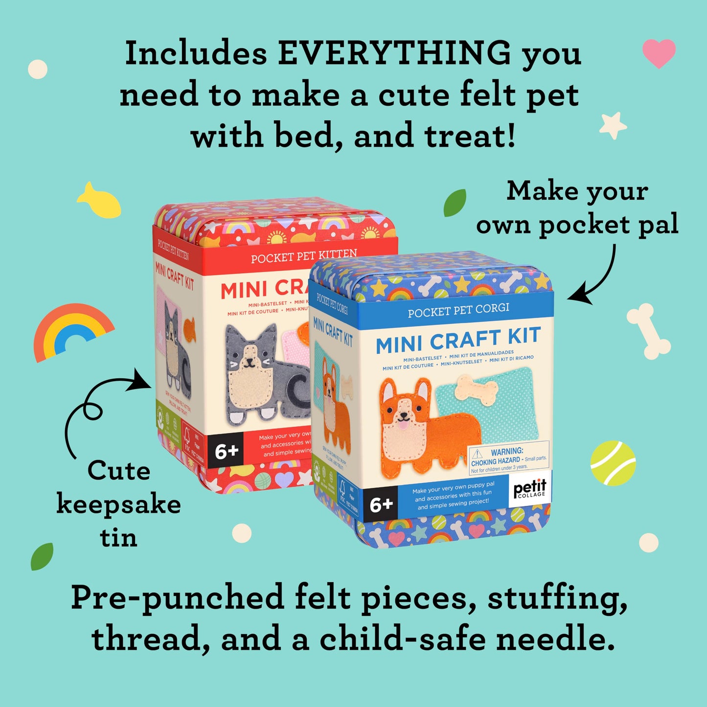 Petit Collage: Mini Craft Kit: Pocket Pet Kitten - Portable Felt Sewing Kit with Precut Pieces, Thread, Stuffing, Child‑Safe Needle & Tin – Screen‑Free Fine Motor Toy for Ages 6+
