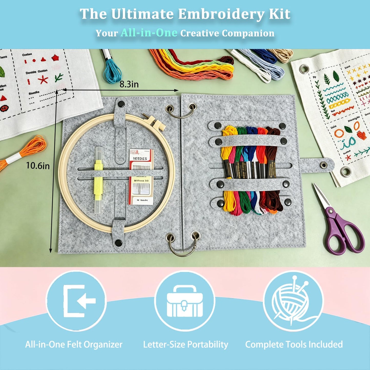 2026 Upgraded Embroidery Stitch Book Kit with 8.27"x10.65" Portable Loose-Leaf Cover, 103 Stitches & 60 Patterns, All-in-One Hand Embroidery Kit for Beginners with Tools & Step-by-Step Video Tutorials