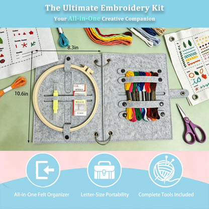 2026 Upgraded Embroidery Stitch Book Kit with 8.27"x10.65" Portable Loose-Leaf Cover, 103 Stitches & 60 Patterns, All-in-One Hand Embroidery Kit for Beginners with Tools & Step-by-Step Video Tutorials