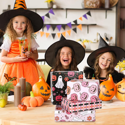 12 Sheets Halloween Wrapping Paper - Not Roll - Pink White Ghost Pumpkin Gift Wrap Paper Folded Flat Cute Art Paper for DIY Crafts, 19.7 x 27.6 Inch