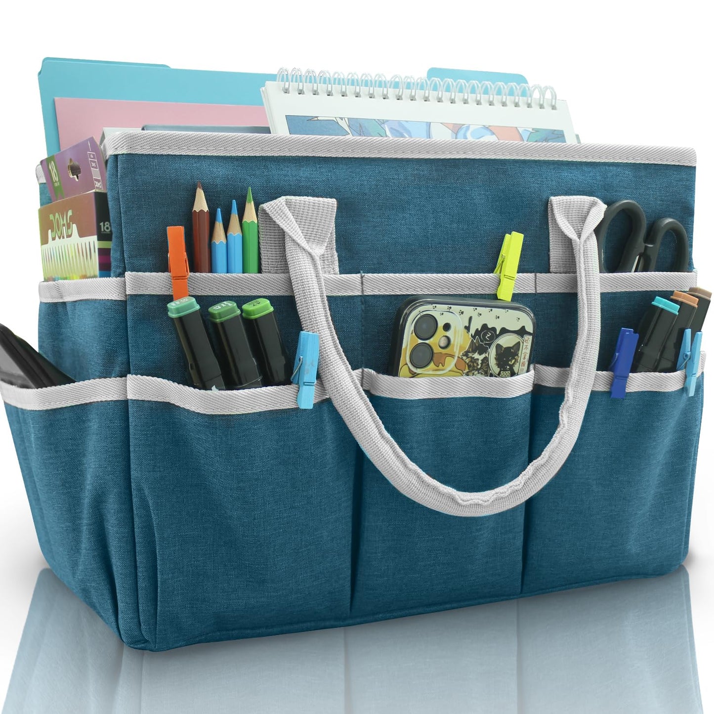 Cupohus Art Organizer Craft Storage Tote Bag with Pockets and Handles, Oxford Fabric Carrying Caddy for Teacher, Officer, Artist, Traveler, and more –Dark Green