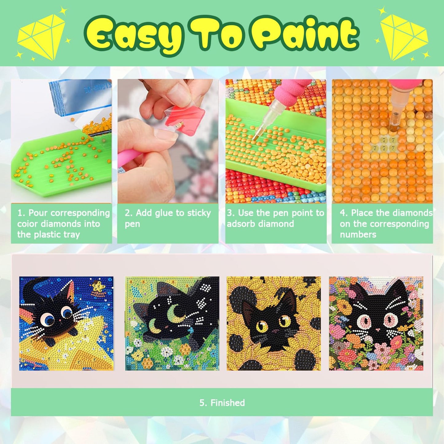 ICYANART 4 Pack Cat Diamond Art Kits for Kids Cute Diamond Art Painting for Kids Ages 6-8-12 Gem Art for Gifts and Home Wall Decor 7x7inch
