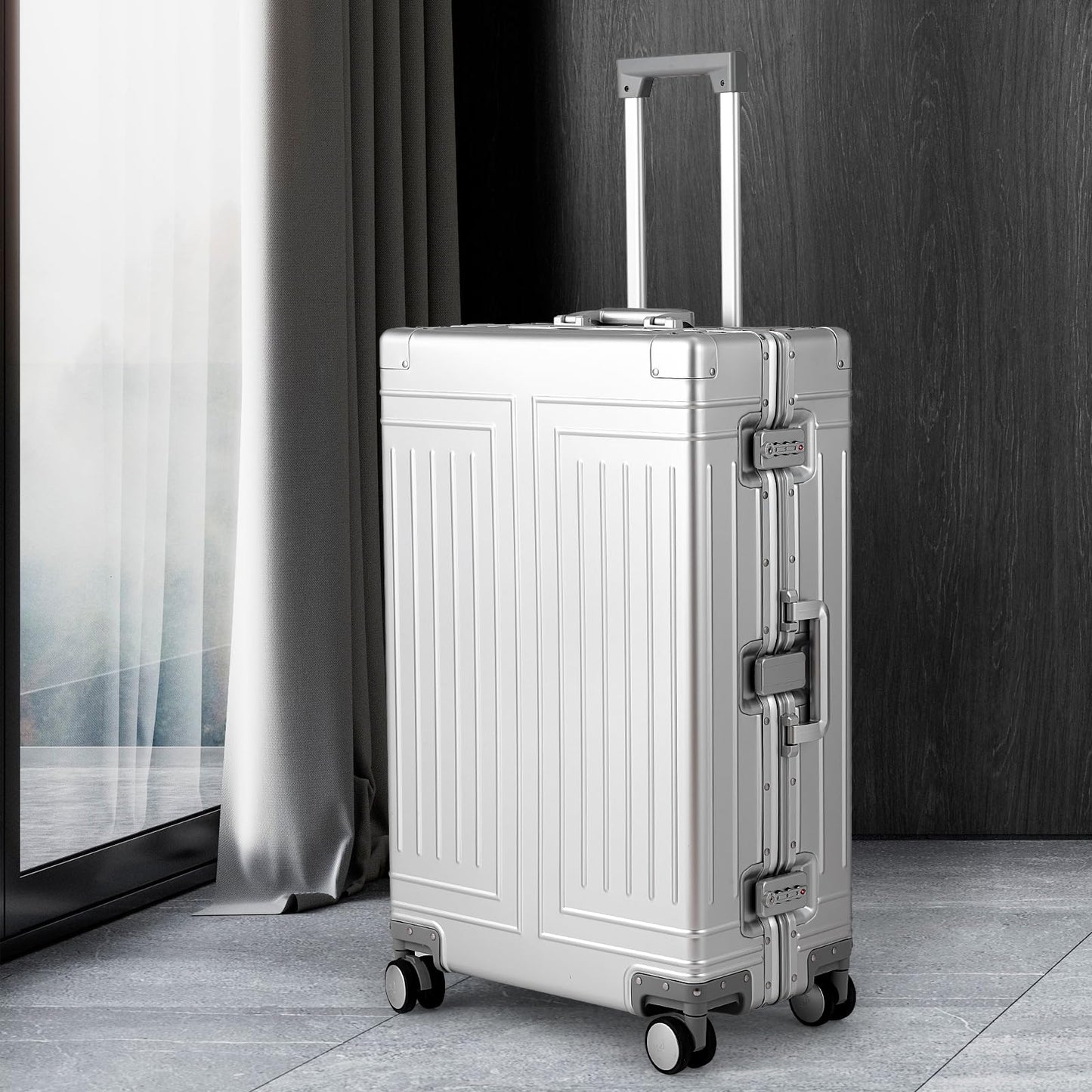 KANGSHILU All Aluminum Magnesium Luggage 28inch，Cut from Whole Aluminum Sheet（3rd Generation，Premium Magnesium Metal zipperless suitcase ） (silvery, 28inch)