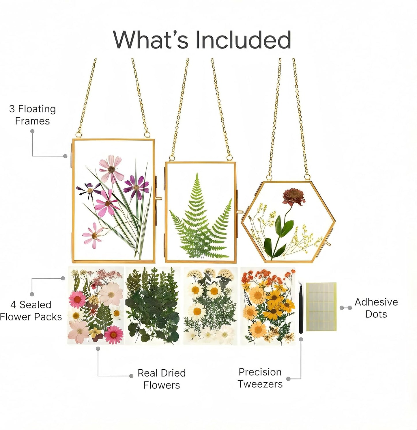 Relaxing Garden Pressed Flower Craft Kit for Adults & Women, DIY Floating Double Glass Frame Kit with Real Dried