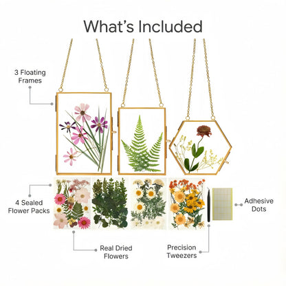 Relaxing Garden Pressed Flower Craft Kit for Adults & Women, DIY Floating Double Glass Frame Kit with Real Dried Flowers, Handmade Gift Art Project for Home Décor, Keepsake & Creative Crafts