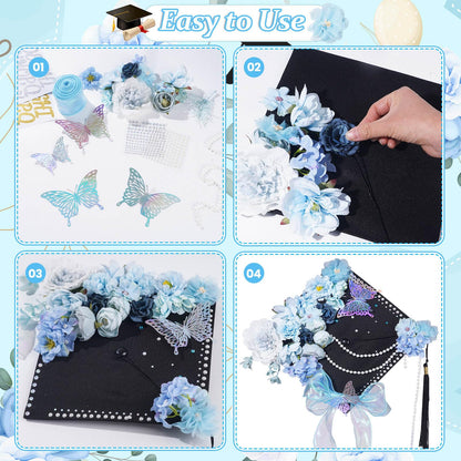 Pineraap Graduation Cap Decorations Kit, Artificial Flower Heads 3D Butterfly Stickers Rhinestones Letter Number Stickers Pearls String Decor Ribbon for DIY Grad Cap Topper Party Supplies, Blue