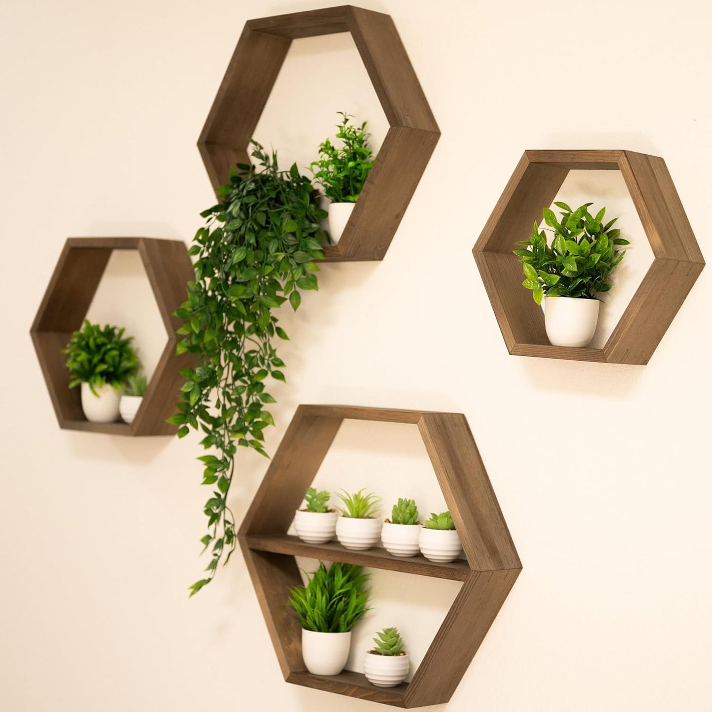 Set 4 Large Hexagon Floating Shelves of Honeycomb Shelf, Crystal Display Shelf, Wood Hexagon Wall Shelves, Farmhouse