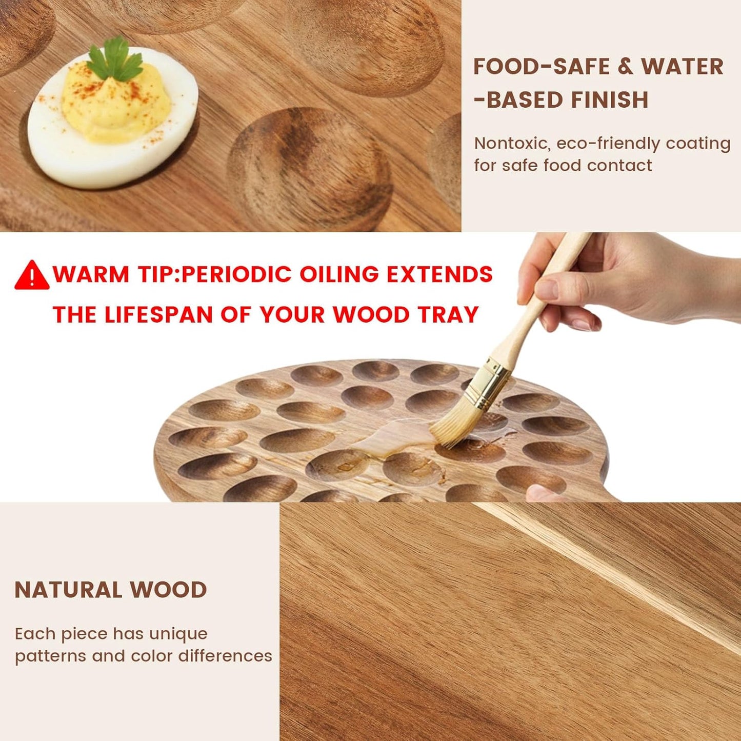 24 Countertops HANSGO Deviled Egg Platter, Wooden Round Deviled Egg Charcuterie Board Tray Holder Carrier with Holes