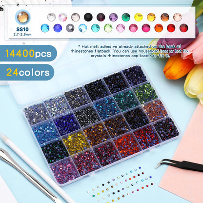Mnuizu 14400Pcs SS10 Hotfix Rhinestones, 24 Colors Flat Back Round Hot Fix Rhinestones for Hairpin, Crafts Clothes, Bedazzler Kit with Tweezers, Wax Pencil and Spoon
