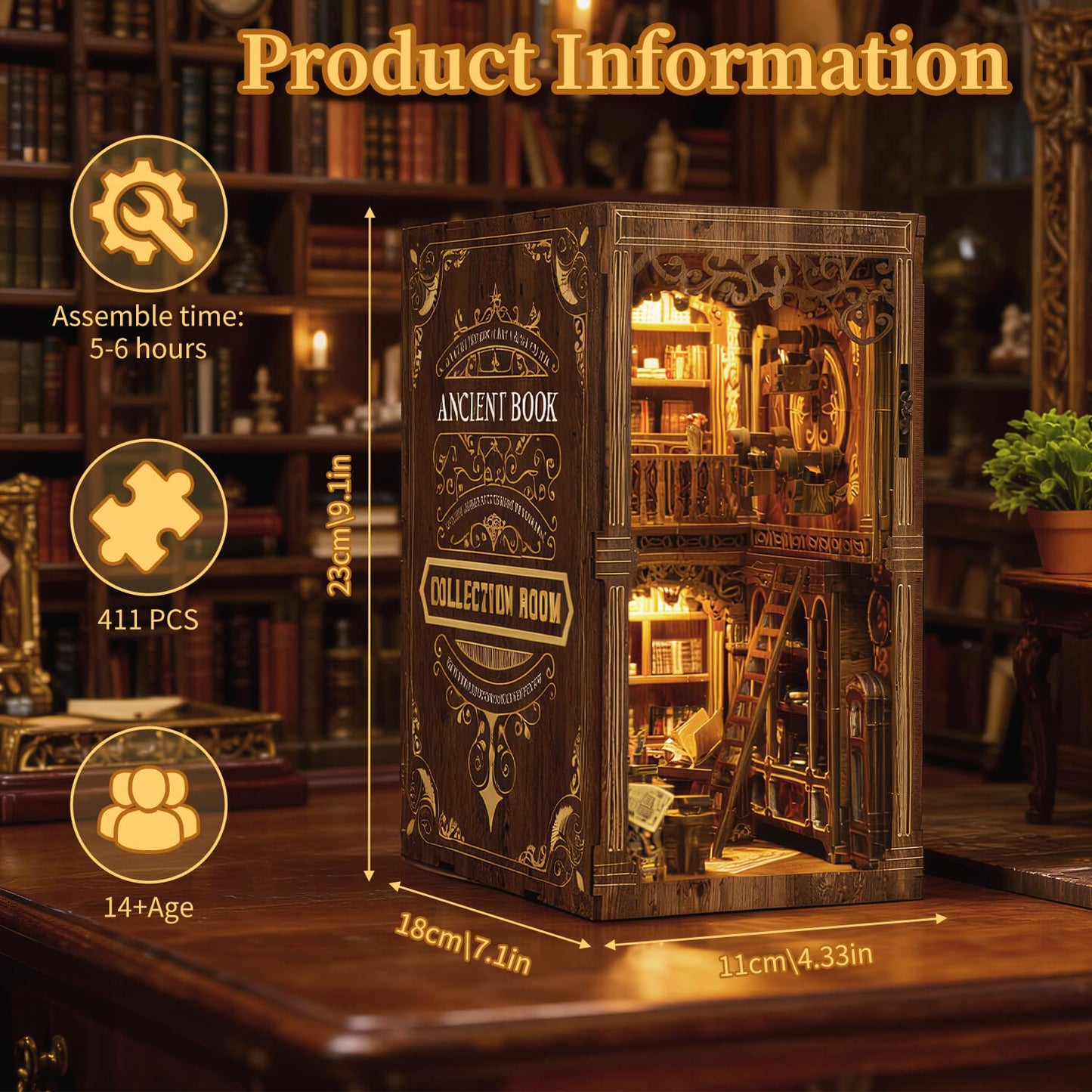 Book Nook Kit, Book Nook for Adults 3D Wooden Puzzle with Sensor Led Light,DIY Miniature House Kit Bookshelf Insert Decor for Adults Booknook Model Kits