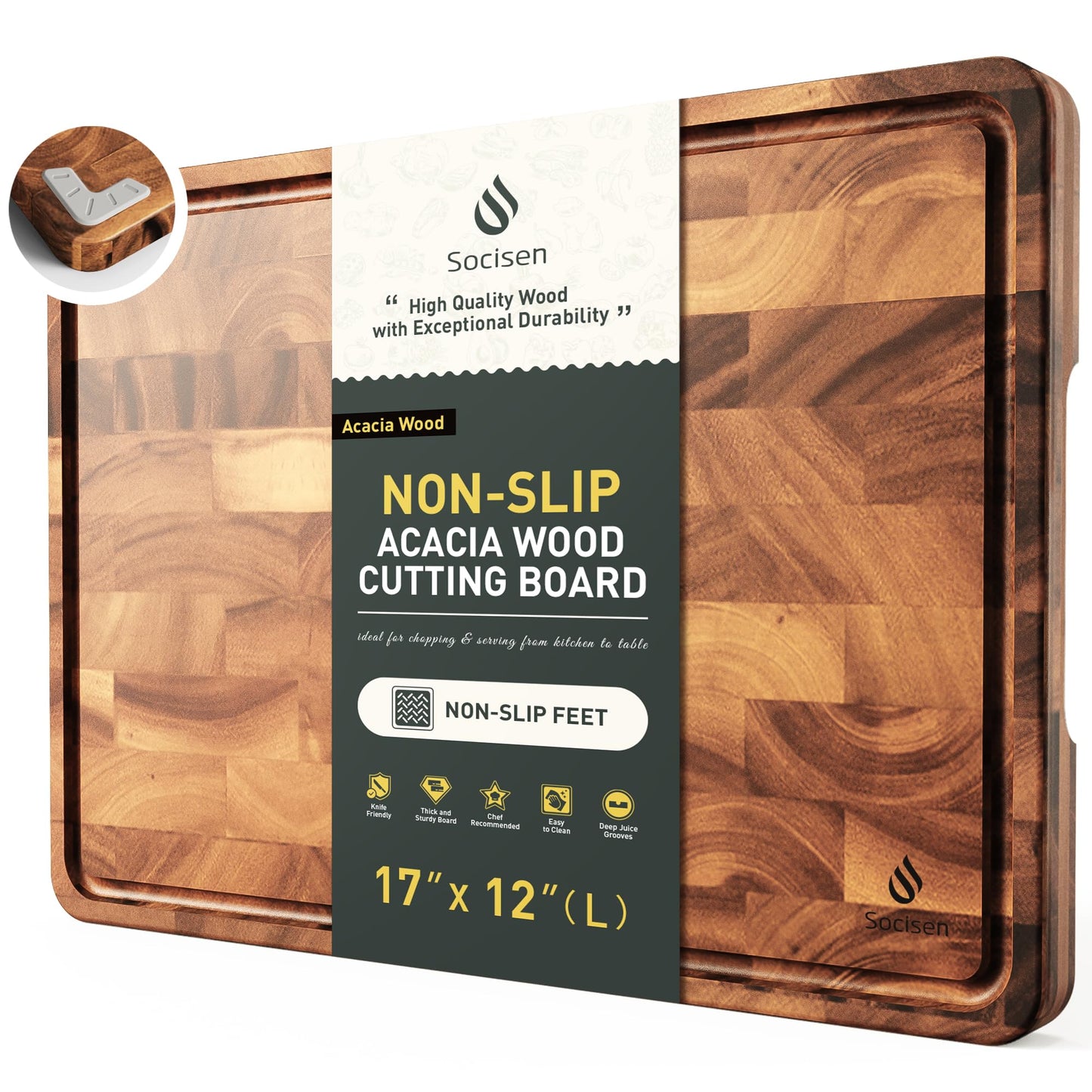 End Grain Cutting Board for Kitchen with Non-slip Feet, Acacia Wood Heavy Duty Checkered Cutting Board Upgraded Chopping Board with Juice Groove & Handle Large Wooden Butcher Block with Gift Box