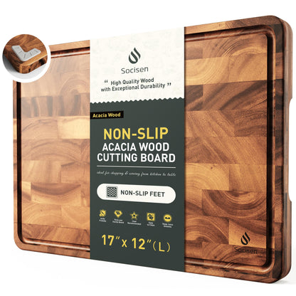 End Grain Cutting Board for Kitchen with Non-slip Feet, Acacia Wood Heavy Duty Checkered Cutting Board Upgraded Chopping Board with Juice Groove & Handle Large Wooden Butcher Block with Gift Box