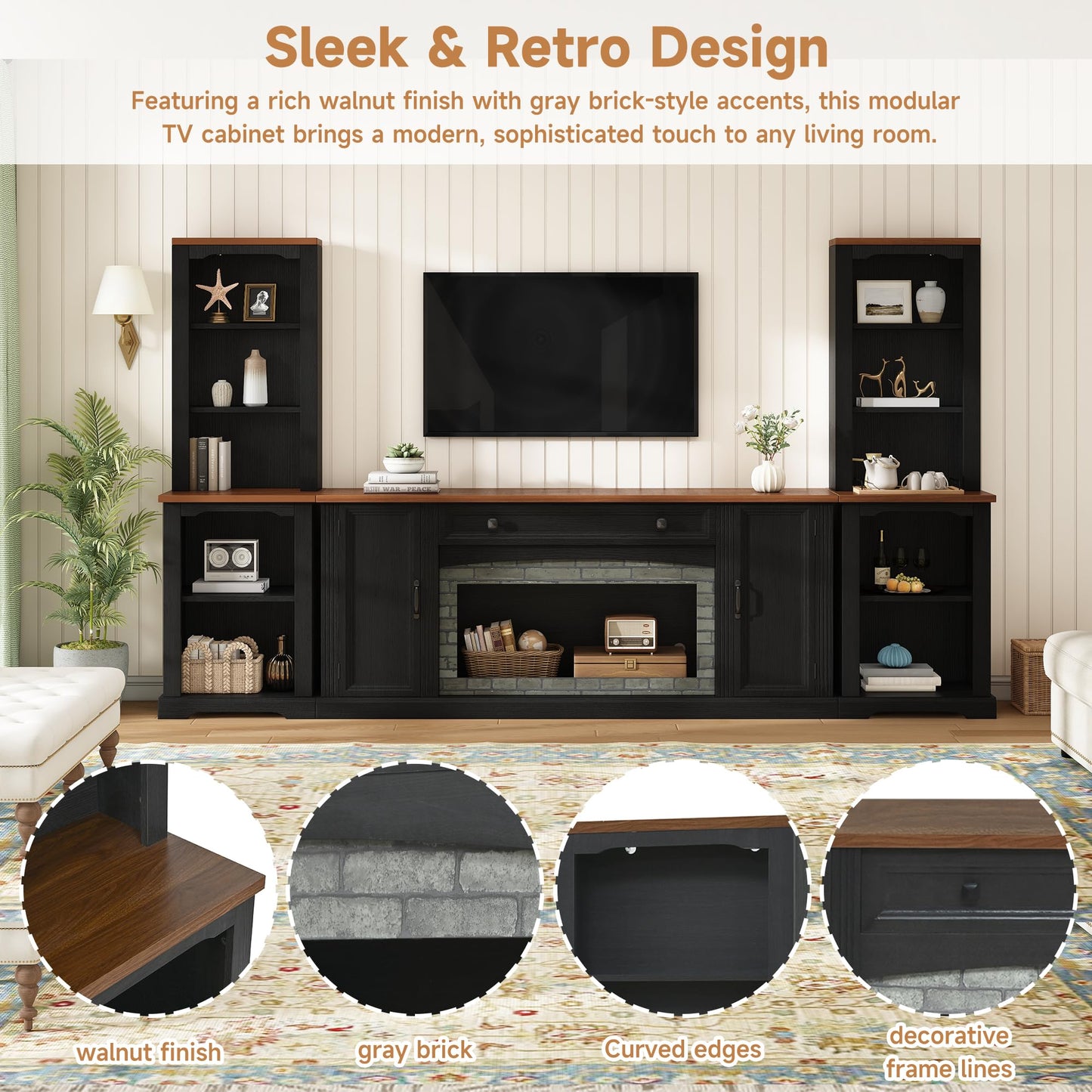 Merax 3-Piece TV Stand Set for TVs up to 70", Farmhouse Entertainment Center with Curved Side Cabinets & Bookshelves, Modular Storage Unit with Drawer and Adjustable Shelves for Living Room, Black