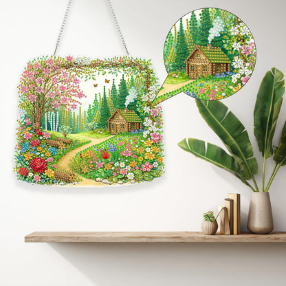 Aeepics Hanging Diamond Art Kit for Adult, DIY Diamonds Painting Pendant Ornament Kit, Acrylic Diamond Art Painting Board Kit (Cabin in The Wood)