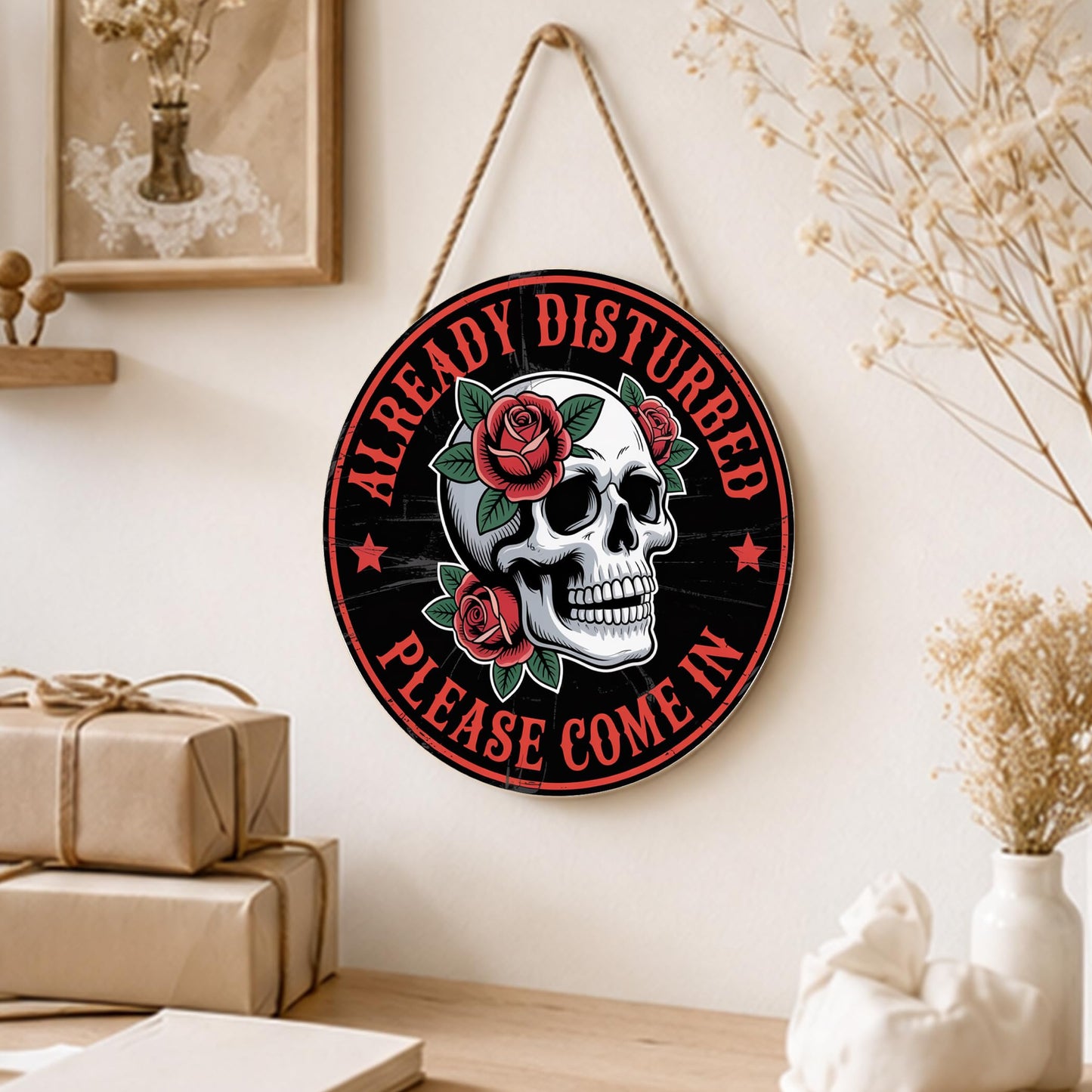 Gothic Welcome Sign Wall Decor, Skeleton Welcome Round Wood Hanging Sign Decorations, Funny Decor for Home Front Door