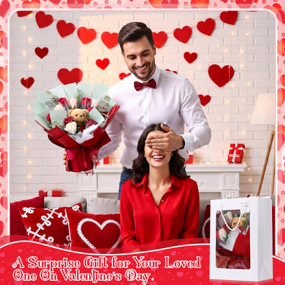 Suncalla Red Mother's Day Money Soap Flower Bouquet Kit, Handcrafted Soap Flower Money Bouquet Kit with Bear and Gift Bag, Unique Wedding, Birthday, Anniversary and Bridal Shower Gift