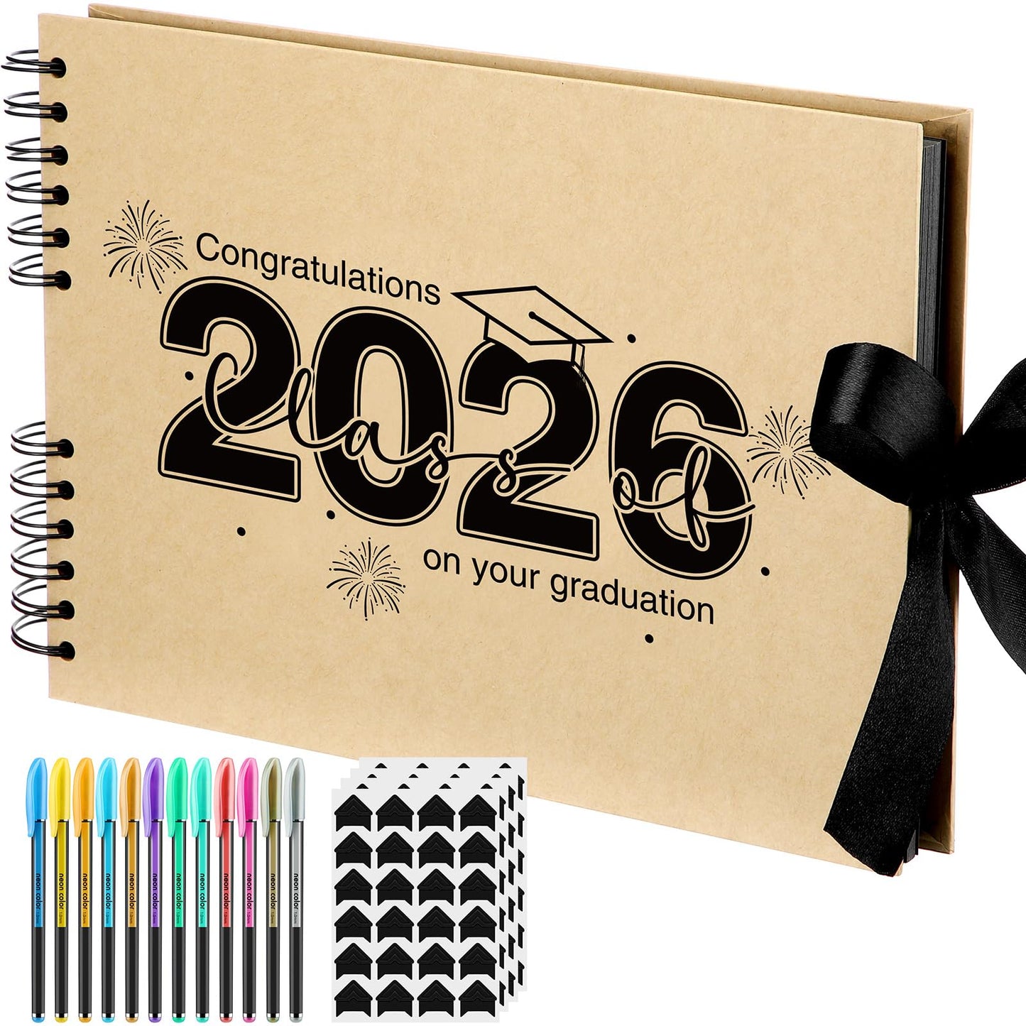 Dunzoom 80 Pages Graduation Scrapbook Kit 11 x 8 Inch Photo Album of 2026 Graduation Decoration with 12 Metal Pens and 4 Sheets Stickers for DIY School Congrats Grad Memory Book to Sign(Brown)