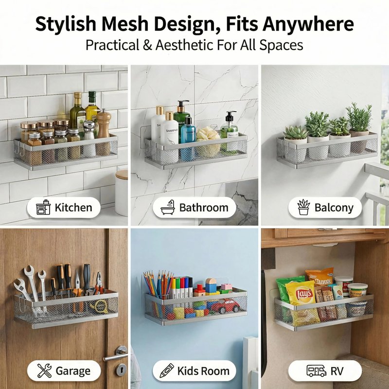PUSDON Mesh Shower Caddy Wall Mount, Heavy Duty Adhesive Bathroom Shelf Organizer, Rustproof Floating Spice Rack for Kitchen Pantry, Holds 50 LBS, Multi-Purpose Storage Silver Gray -2 Packs (Netting)