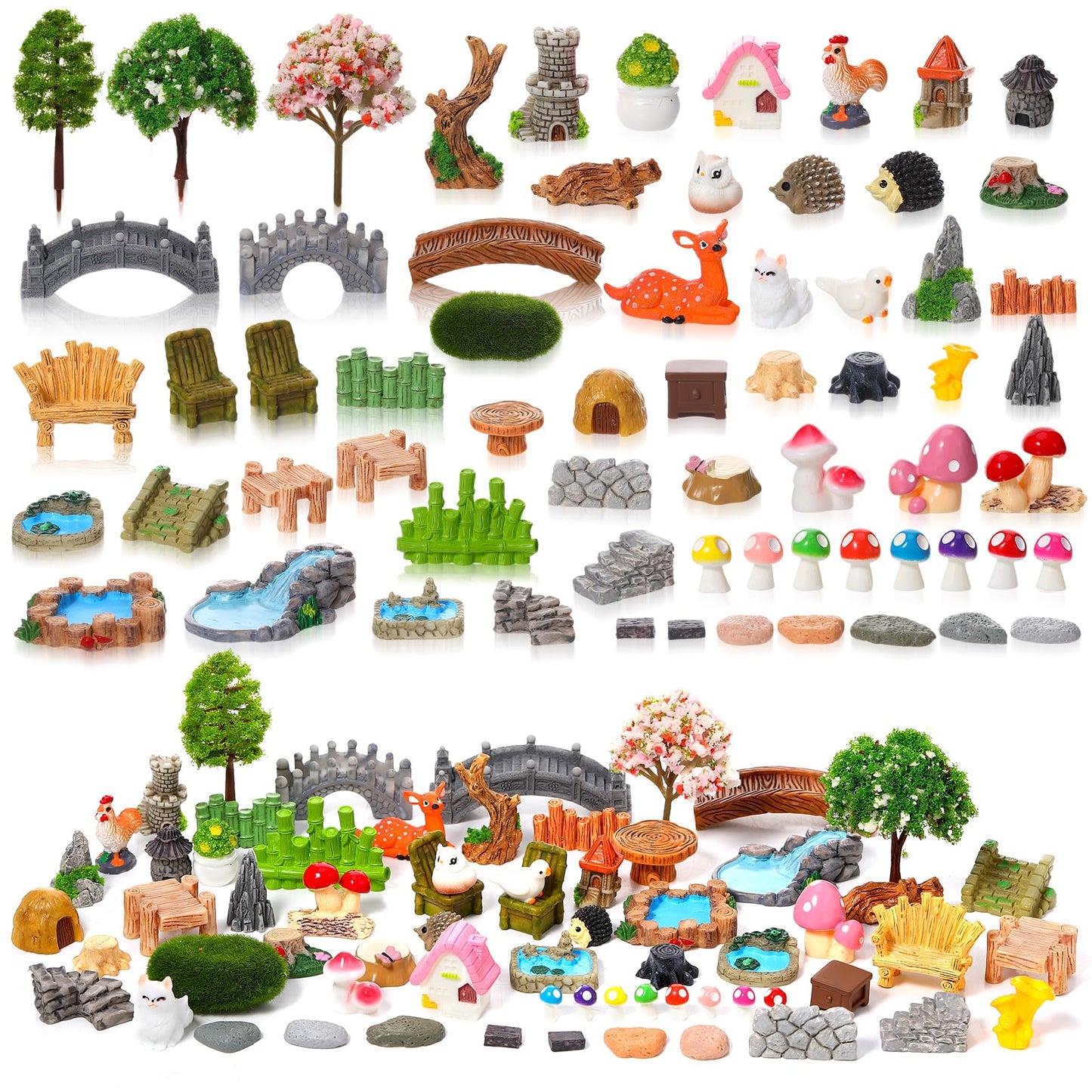 GGSTDDUP 65 Pcs Fairy Garden Accessories Mini Resin Animals Figures Miniature Table and Chairs Bridge Mushroom Pond Fence Moss Bonsai Landscape Ornaments Kit for Garden DIY Craft