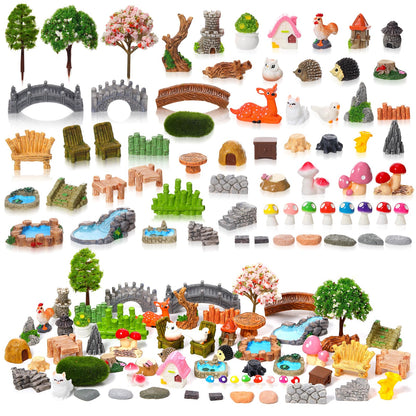 GGSTDDUP 65 Pcs Fairy Garden Accessories Mini Resin Animals Figures Miniature Table and Chairs Bridge Mushroom Pond Fence Moss Bonsai Landscape Ornaments Kit for Garden DIY Craft
