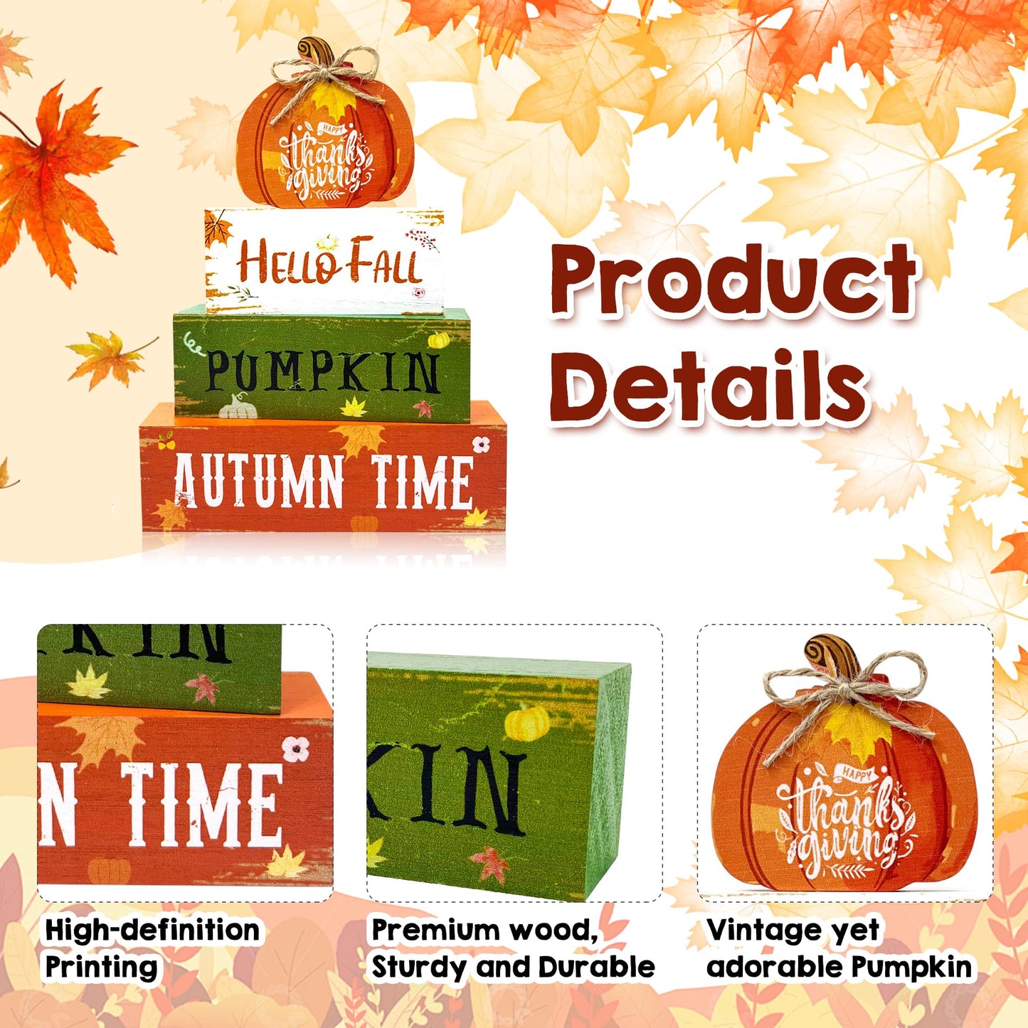 4 Pcs Fall Thanksgiving Decorations for Home,Wooden Pumpkin Signs with Sayings Hello Fall Maple Leaf Block Signs Tiered Tray Tabletop Decor Thanksgiving Decor Indoor for Office Farmhouse Home Kitchen