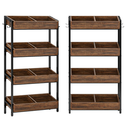 Tribesigns Wood Fruit and Vegetable Basket Stand Rack for Kitchen, Office, Store, Supremarket, Pantry Shelf Unit for Snacks, 4-Tier Wooden Utility Storage Shelves Set of 2 (Brown+Black)