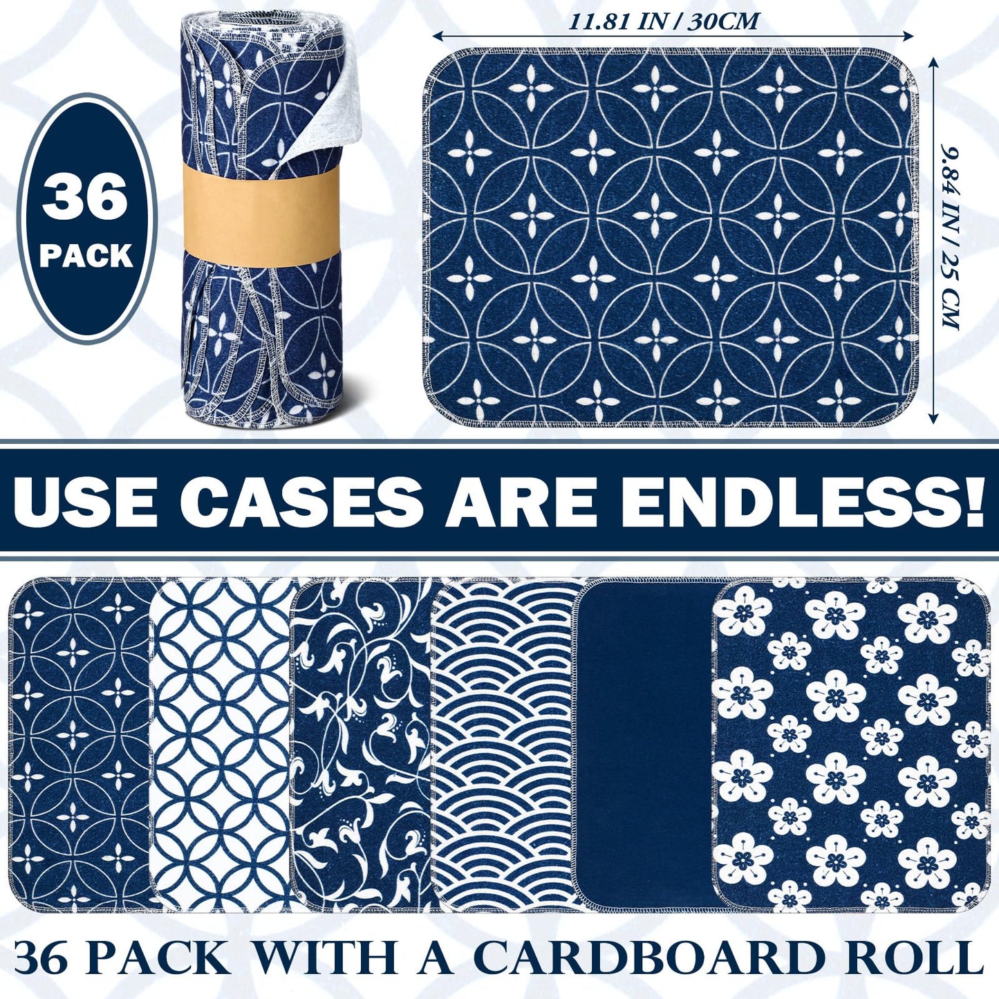Noveread 36 Pack Japanese Reusable Cleaning Cloths Washable Cotton Kitchen Towels for Home (Blue)