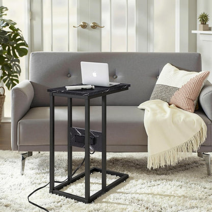 VECELO C-Shaped End Side Table with Charging Station & 2 USB Ports and Outlets for Living Room, Bedroom, with Adjustable Feet for Couch Sofa, Bedside, Small Spaces， Black Marble