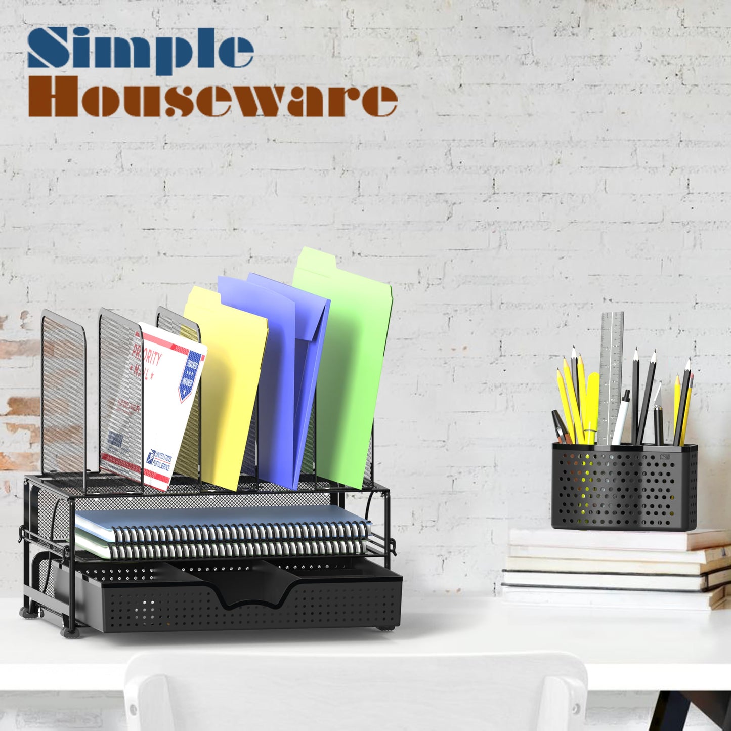 Simple Houseware Mesh Desk Organizer with Sliding Drawer, Double Tray and 5 Upright Sections, Black