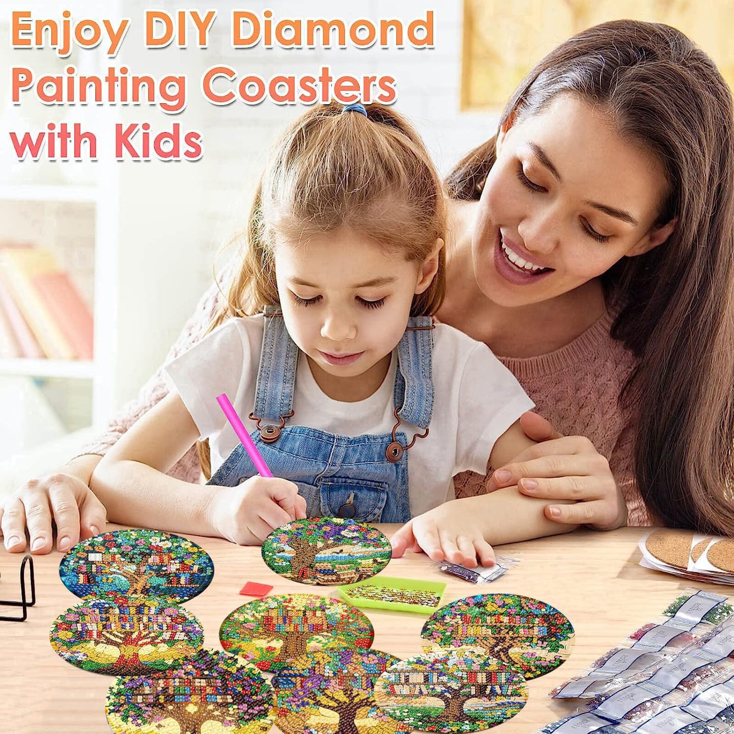 ijbnhd 8 Pcs Diamond Art Coasters Kits, Tree of Life Diamond Painting Coasters Kit with Holder, Diamonds Art Non Slip Coaster Crafts Kits for Adults Gifts 4x4 inch (Cork Wooden Pad)