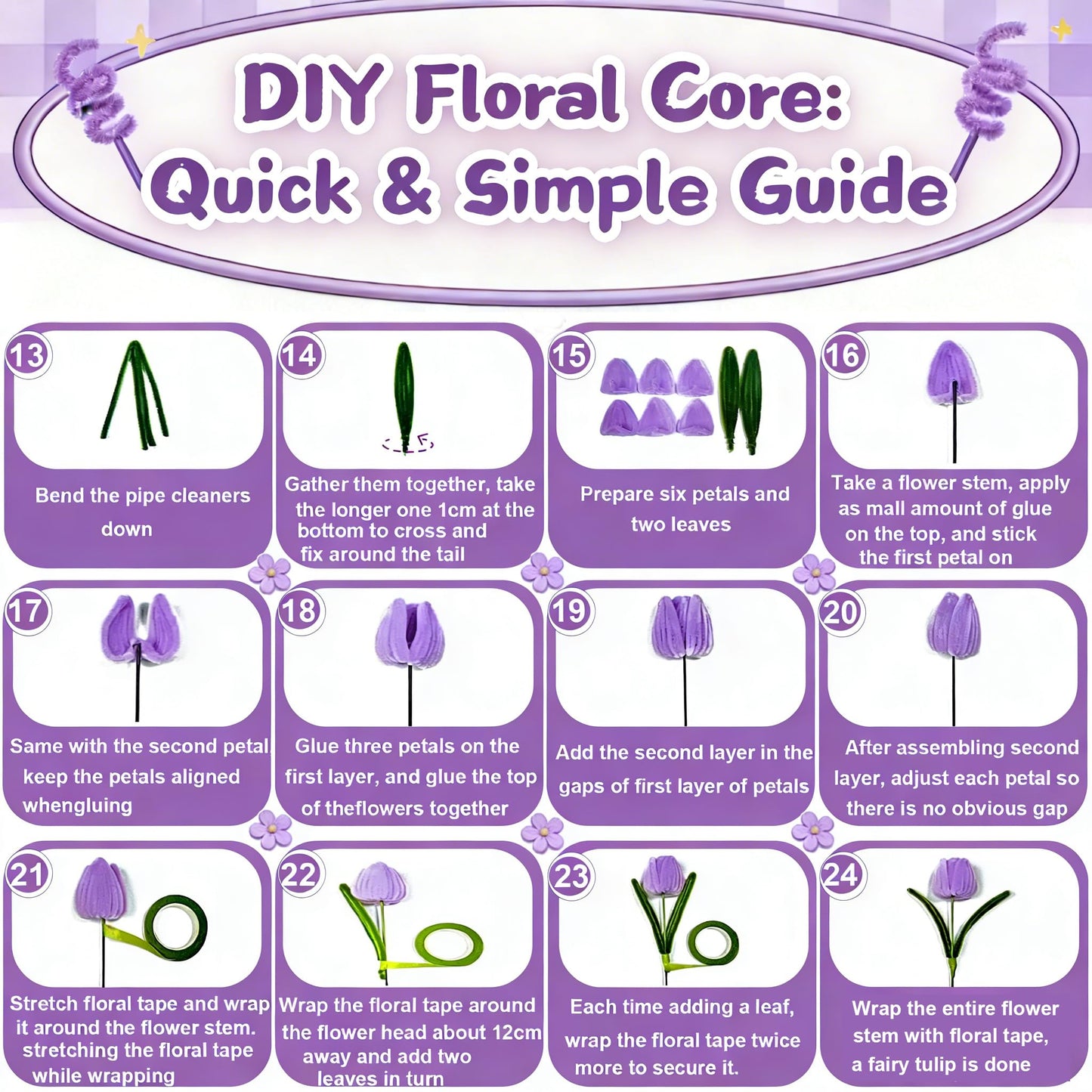 ZFTFZ Purple DIY Pipe Cleaners Bluk Craft - 500pcs Chenille Stems (6 Colors), 25 Floral Stems & Stamen - Includes Mesh, Wrapping Paper & Gift Box for Handmade Rose/Tulip Art