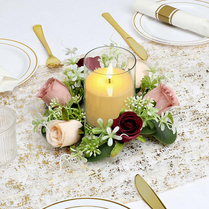 Tobilu 6 Sets Rose Candle Rings Wreaths - Artificial Flowers Rings with Green Leaves LED Flameless Candles for Centerpiece Wedding Home Banquet Party Decor, Burgundy Pink Champagne