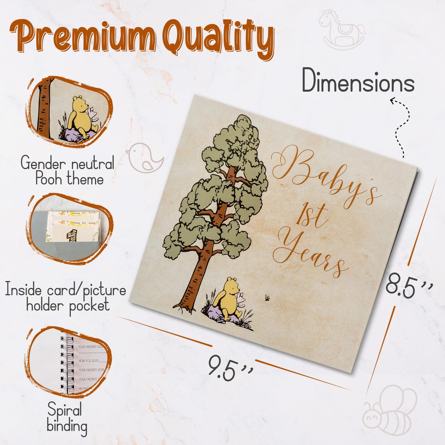 Baby Book Keepsake Memory Book (9.5”x8.5”), Hardcover Album w/Enclosed Spiral Binding, Baby Photo Albums w/Winnie the Pooh Graphics & Milestone Cards, Scrapbook Album
