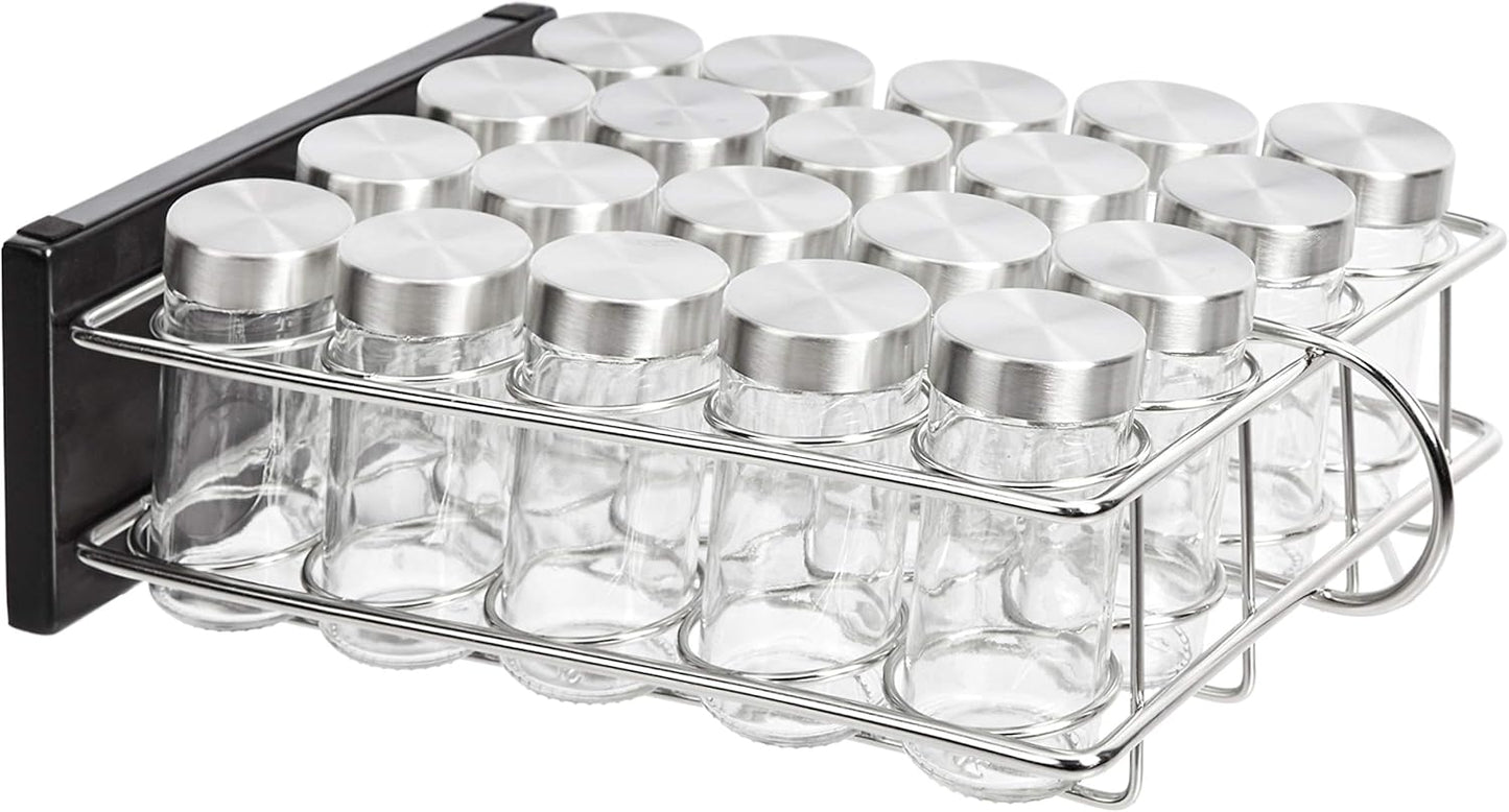 20 Amazon Basics Jars Spice Rack Organizer, Space-Saving Kitchen Organizer with Glass Spice Jars, Sturdy, Silver